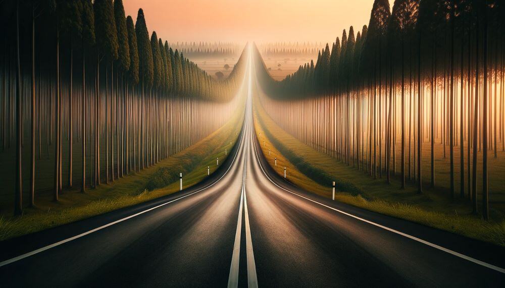 Photo of a long, straight road disappearing into the horizon, with diminishing trees on both sides, showcasing the concept of linear perspective.