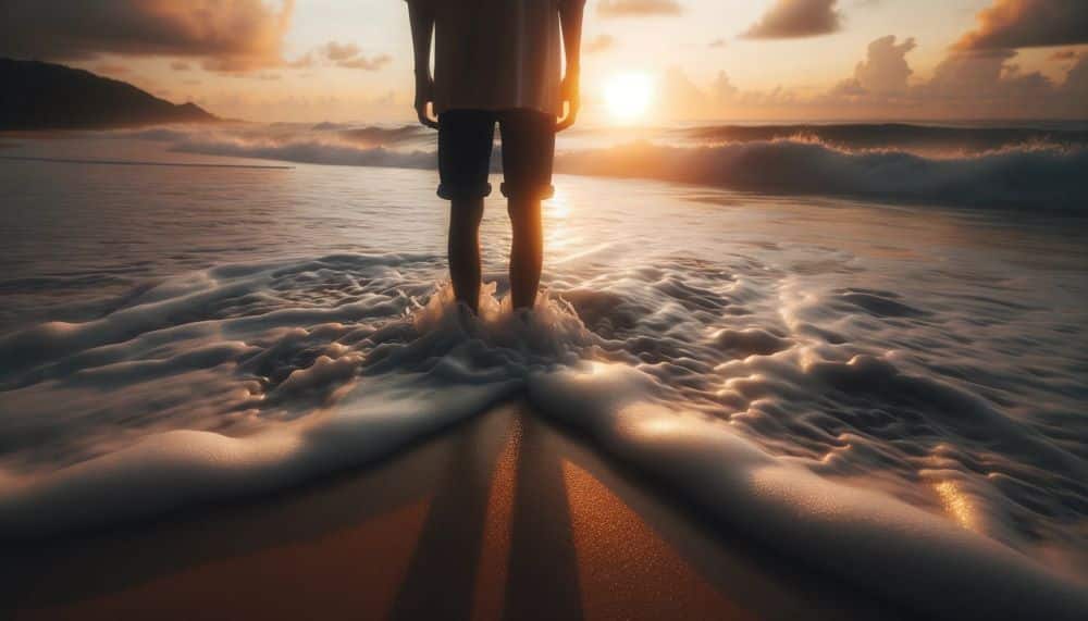 guy with his feet in the sea water - being in the present