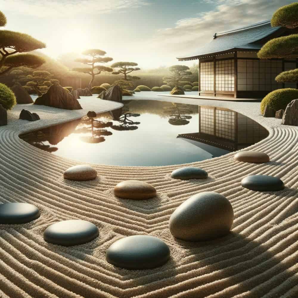Photo of a serene Zen garden with raked sand, smooth stones, and a tranquil pond reflecting the clear sky, symbolizing enlightenment and the principles of Zen Buddhism.