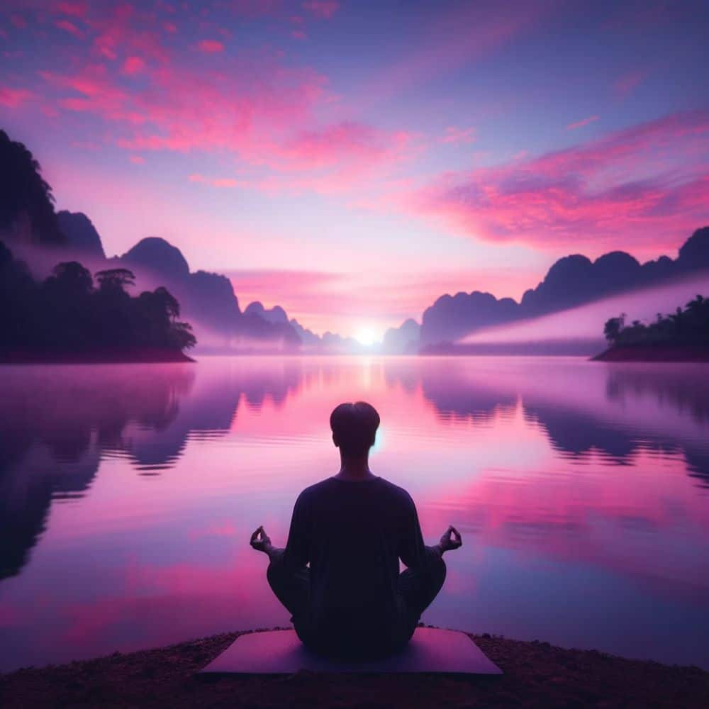 Photo of a person meditating beside a serene lake during dawn, with soft hues of pink and purple in the sky, symbolizing a state of inner peace and tranquility.